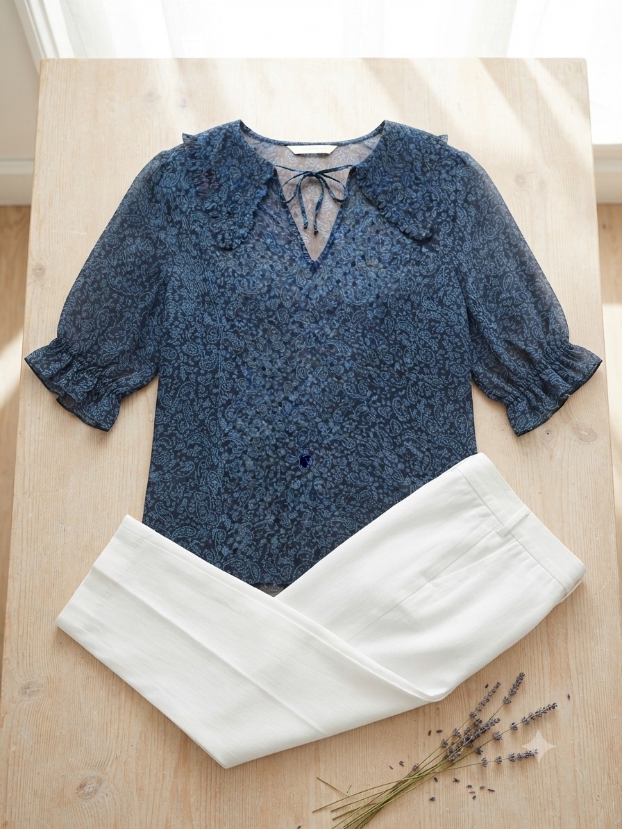 2/$15 Reitmans Navy Paisley Tie-Front Blouse